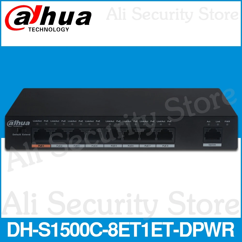Dahua-interruptor PoE de DH-S1500C-8ET1ET-DPWR, conmutador de alimentación Ethernet de 8 canales, compatible con POE 802.3af 802.3at + estándar de alta alimentador POE