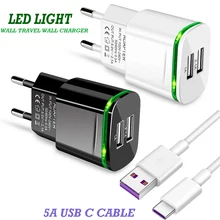 Двойное зарядное устройство USB для телефона huawei P30 P20 mate 20 светодиодный светильник настенное дорожное зарядное устройство для Xiaomi mi 9 Red mi Note 7 type C Cable