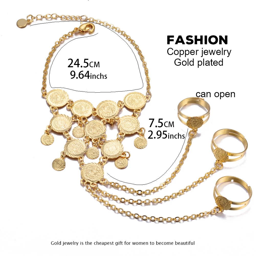 Women Gold Color Coin Bracelet Bangles in chain link Rings Dress Bracelet for Arab Middle East