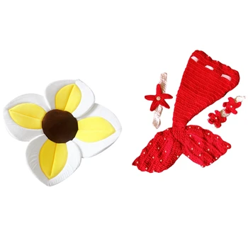 

1pcs Baby Hat Mermaid Newborn Photography Props Red & 1pcs Flower Shape Baby Bath Pad Comfort Baby Bath Pad