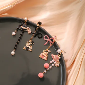 

CC Style Bag Hat Fringe Drop Earrings Assymmetrical Bow Pearl Tassel Earring Women's Jewelry