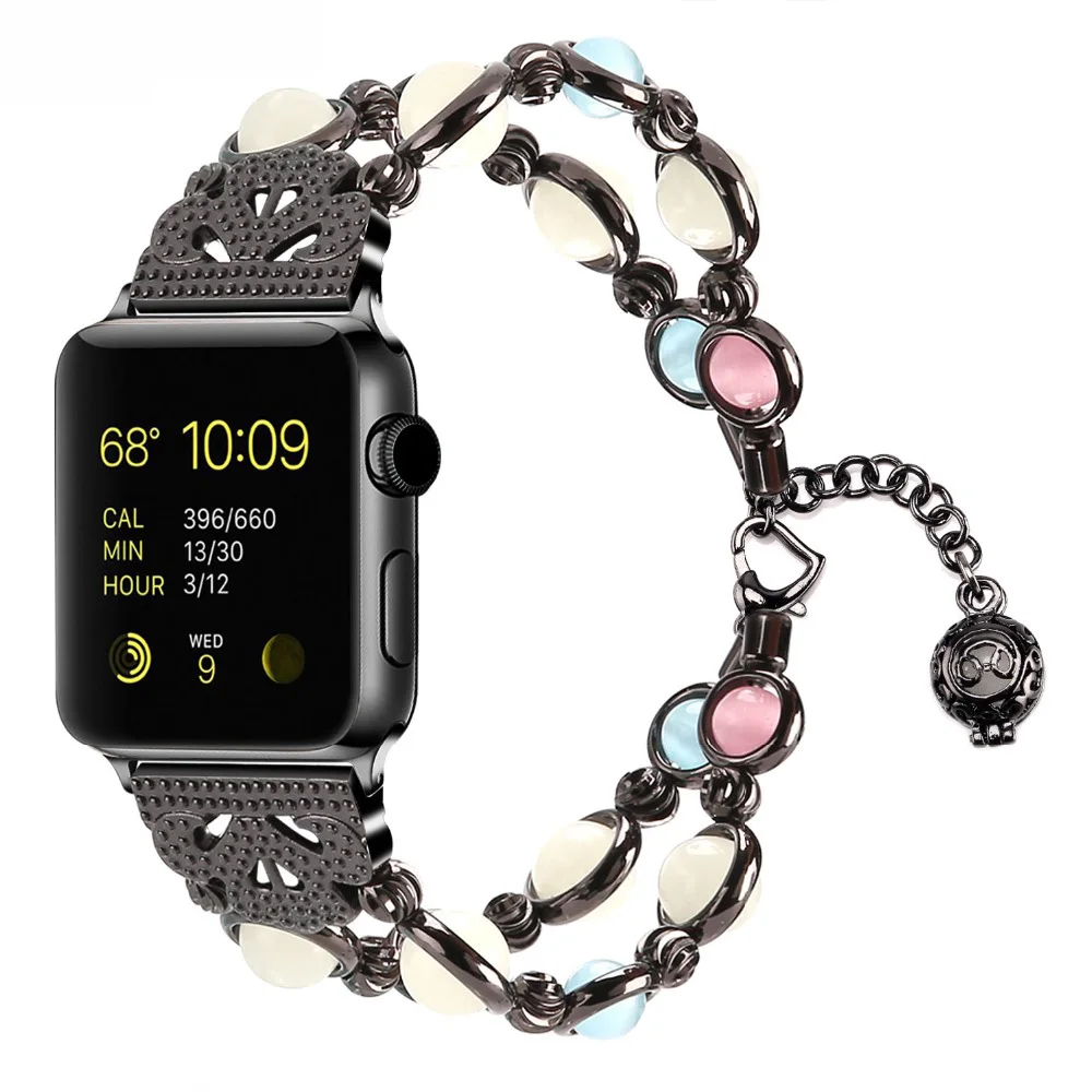 Светящиеся бусины, ювелирный ремешок для часов Apple Watch, серия 4, 3, 2, ремешок 38 мм, 40 мм, 42, 44, браслет из нержавеющей стали для iWatch 4, 3, 2