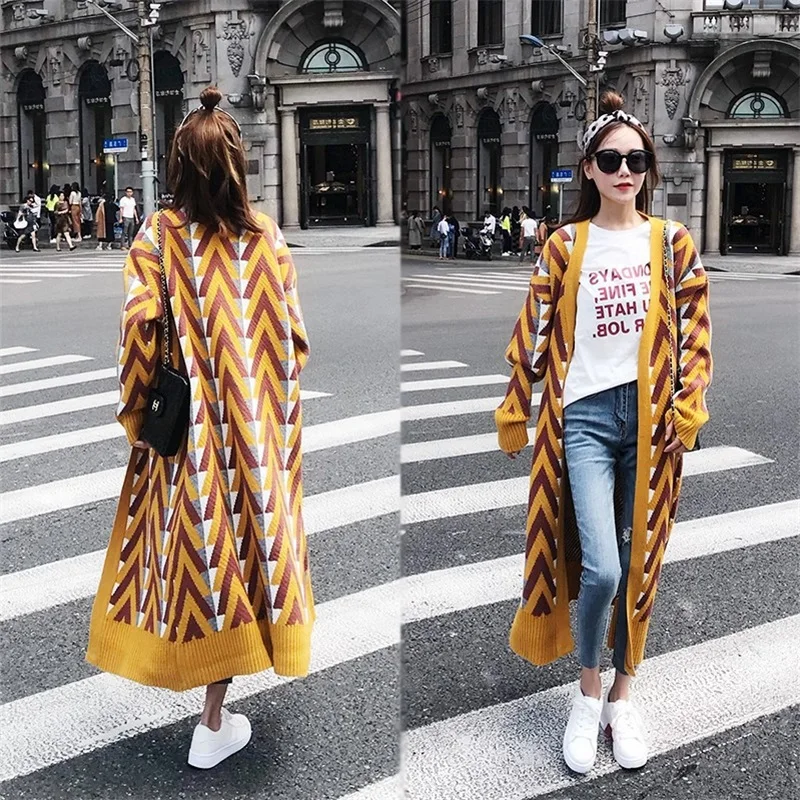 New Autumn Winter Casual Striped Knitting Trench Coat Women Street Style Open Stitch Jackt Classic Long Female Windbreaker