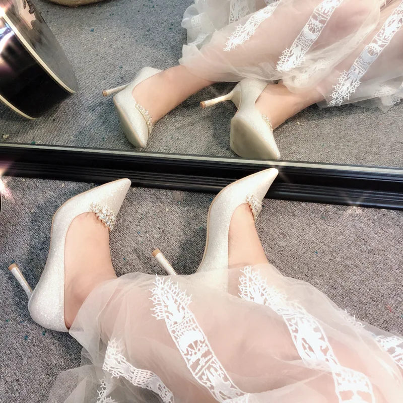 

2019 High-heeled Shoes Woman Fine With Paillette Rhinestone Wedding Shoes Sharp Genuine Leather Single Shoe