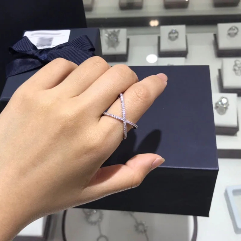 

UMGODLY Luxury Brand Simple Geometric Design Lines Cross X-shaped Ring Micro CZ Zircon Stones Women Fashion Jewelry