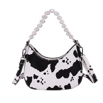 

Fashion Women PU Leather Handbags Lady Tote Milk Cow Plaid Pattern Zipper Acrylic Chain Crossbody Bag Female Shoulder Bags