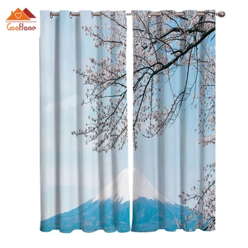 

Cherry Blossom Mount Fuji Sky Clouds Blue Plant Window Curtains Living Room Outdoor Fabric Drapes Curtain Home Decor