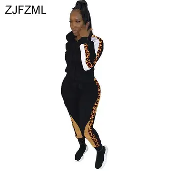 

Leopard Spliced Sporty 2 Piece Set Sweatsuit for Women Hooded Long Sleeve Zipper Coat and Bodycon Long Pants Fall Plus Size Set