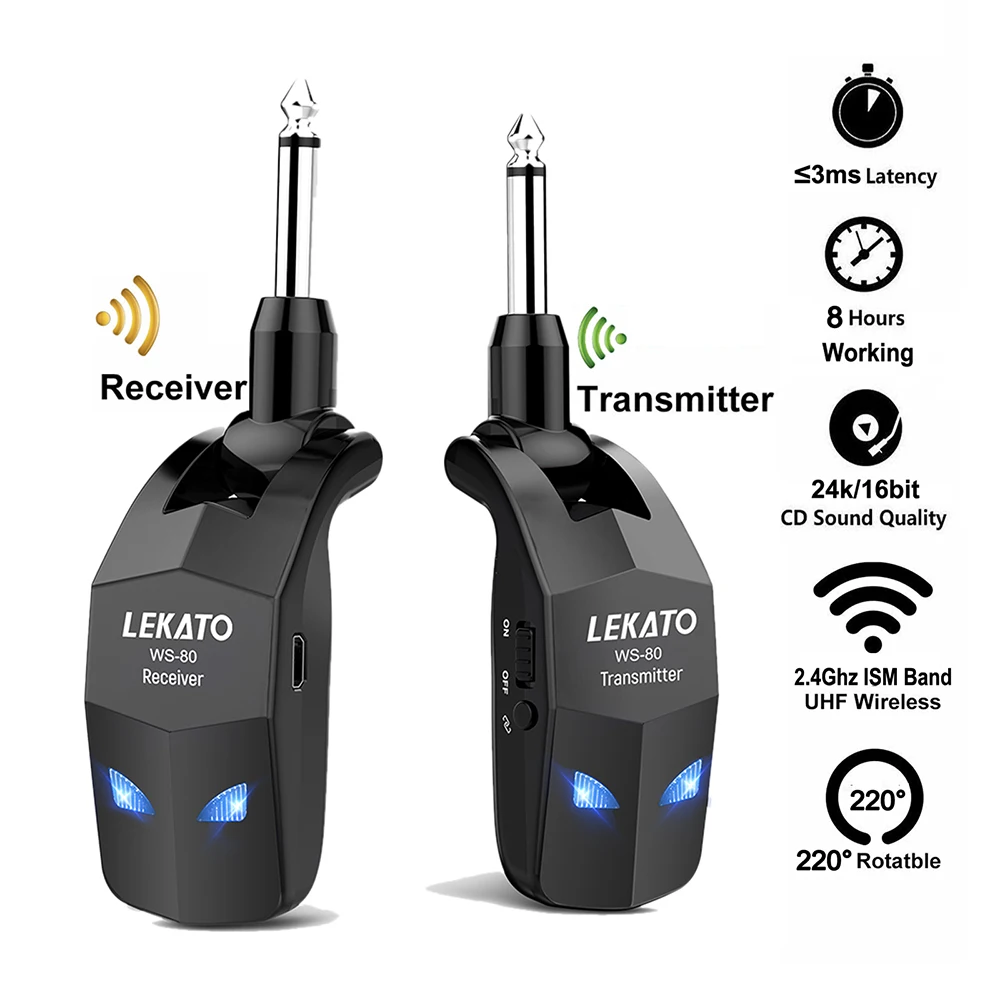 LEKATO UHF A8 Wireless Guitar System Bass Transmitter Receiver 50M