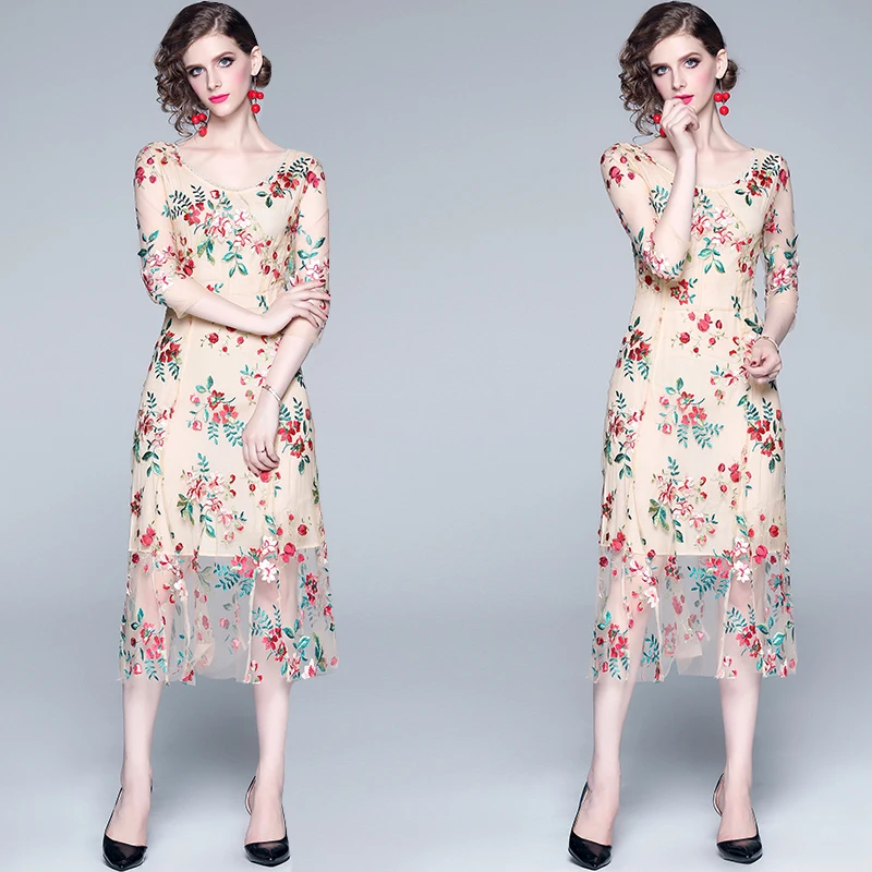 Retro Summer Floral Mesh Embroidered Dresses Vestido Invierno Mujer 2019 Women Beach Midi Party Dress Vestito Donna Estate K6553