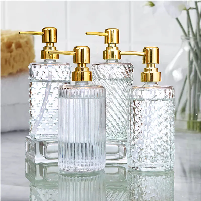 400ml Glass Lotion Bottle Hand Sanitizer Bottle Stripe Pump Head Gold ...