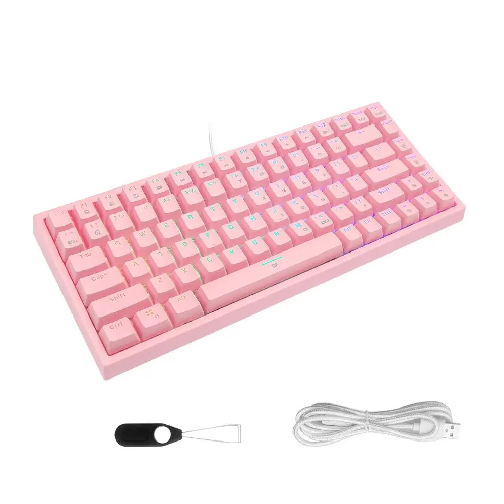 CQ84 Gaming Keyboard , RGB Led Backlighting ,Mechanical Switch Detachable Cable Compact Wired Keyboard For Gamer Office PC ,Pink
