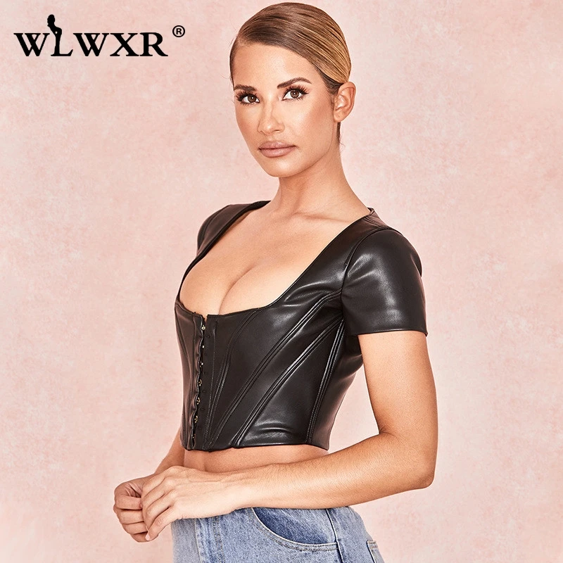 WLWXR искусственная кожа pu сексуальный укороченный топ Женская футболка однобортный черный короткий облегающий топ на бретелях женские футболки осенние летние Клубные вечерние топы