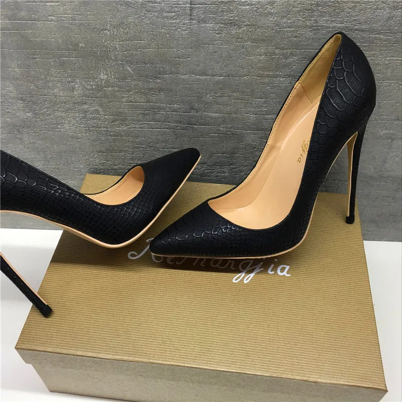 Keshangjia brand fashion new pointed delicate black snake pattern single shoes 12cm high heels ladies party shoes