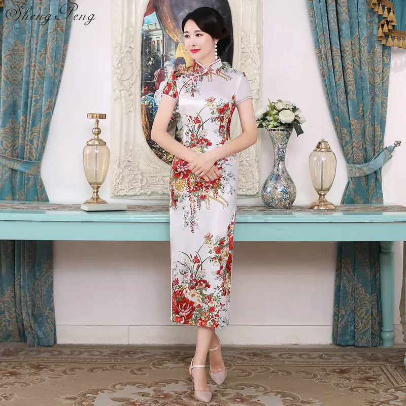 Длинный стиль Cheongsam Qipao для женщин китайское традиционное облегающее платье восточный, Азиатский Новогоднее свадебное платье V1693 - Цвет: 2