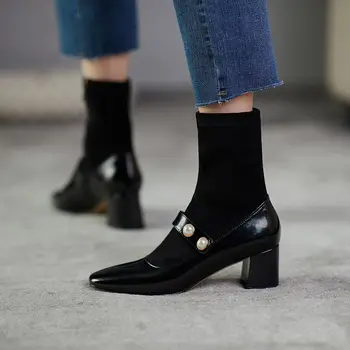 

European American Leather Mid-heel Stretch Boots With Pearl Modification Elegant Fashion Women's Boots 5.5CM