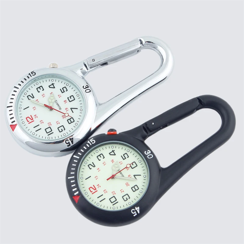 Outdoor Mini Round Dial Arabic Numbers Quartz Analog Clip Carabiner Hook Watch pocket watch Strong luminous 4