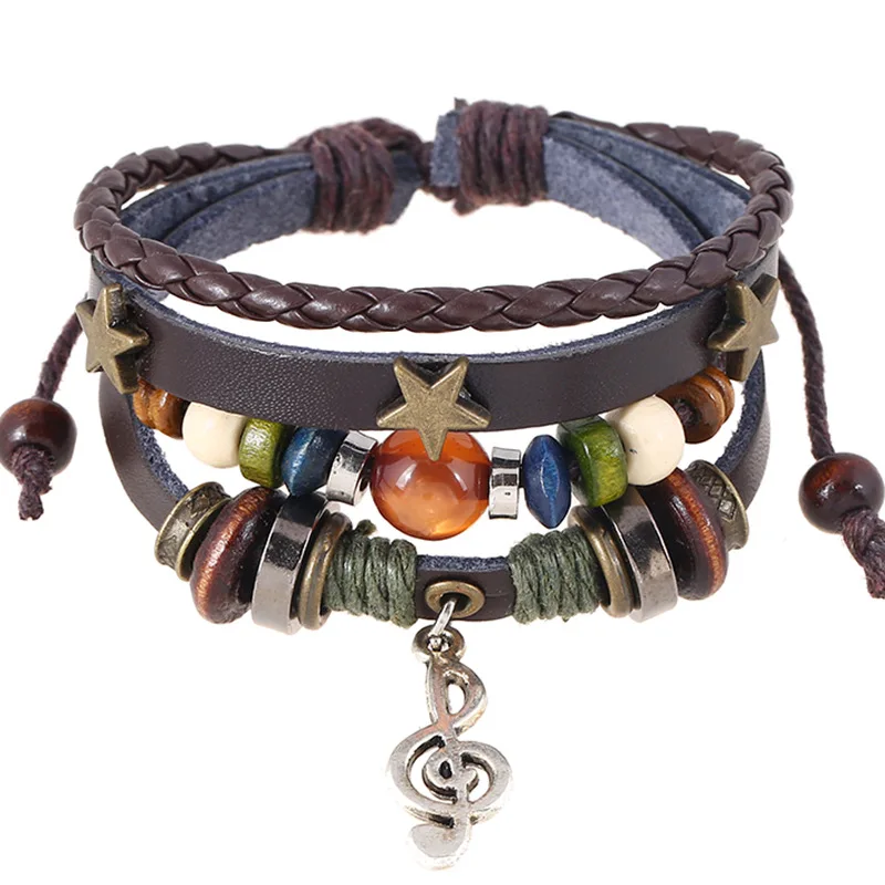 Vintage Punk Multilayer Leather Bracelet Man Women Fashion Note Accessory Bead Bracelets Charm Jewelry Wrap Adjustable Wristband