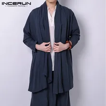 Ретро мода для мужчин сплошной цвет длинный рукав элегантный кардиган Тренч уличный тренд шарф воротник мужчин s хлопок Повседневная Верхняя одежда INCERUN
