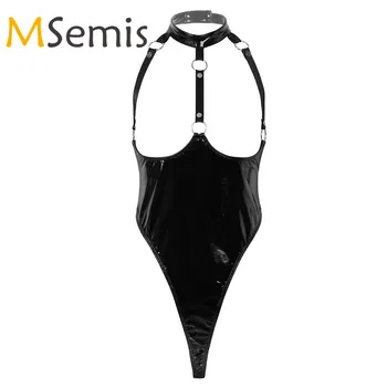 

Women's High Cut Thong Leotard Bodysuit Wet Look Patent Leather Lingerie Halter Neck Open Bust Backless Leather Bodysuit