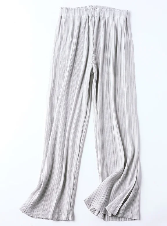 Плиссированные складные широкие брюки женские брюки девять брюки летние тонкие секционные Issey fold легко вентиляция Высокая талия обтягивающие - Цвет: Бежевый
