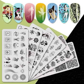 

Beautybigbang 6Pcs/Set Nail Stamping Plates Set Beach Panda Leaves Dot Line Striped Image Different Nail Art Template Stamp