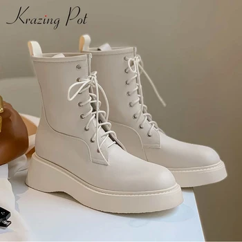 

Krazing Pot new short boots split leather concise style round toe thick med heel lace up basic colors young lady ankle boots L08