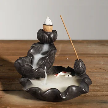 

Ceramic Backflow Incense Burner Holder Censer Lotus Waterfall & Fish Home Decor Tea Sea Decoration