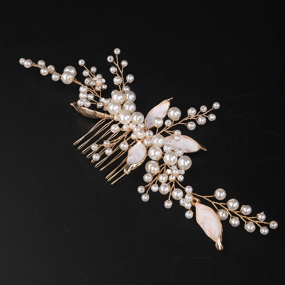Gold Bride Headdress Elegant Women Hair Jewelry for Party Tiaras Banquet Leaves Pearls Wedding Hair Comb Accessories