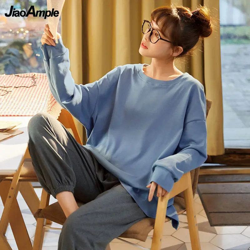 Women's Long-sleeved Trousers Pajamas Suit Autumn O-Neck Sleepwear Loose Pijamas Set 2021 New Simple Home Clothes Two-piece Set