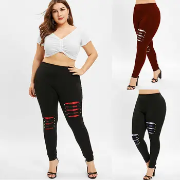 

Women'S Ripped Plaid Panel Leggings L-5XL Trousers Skinny Long Pants Plus Size