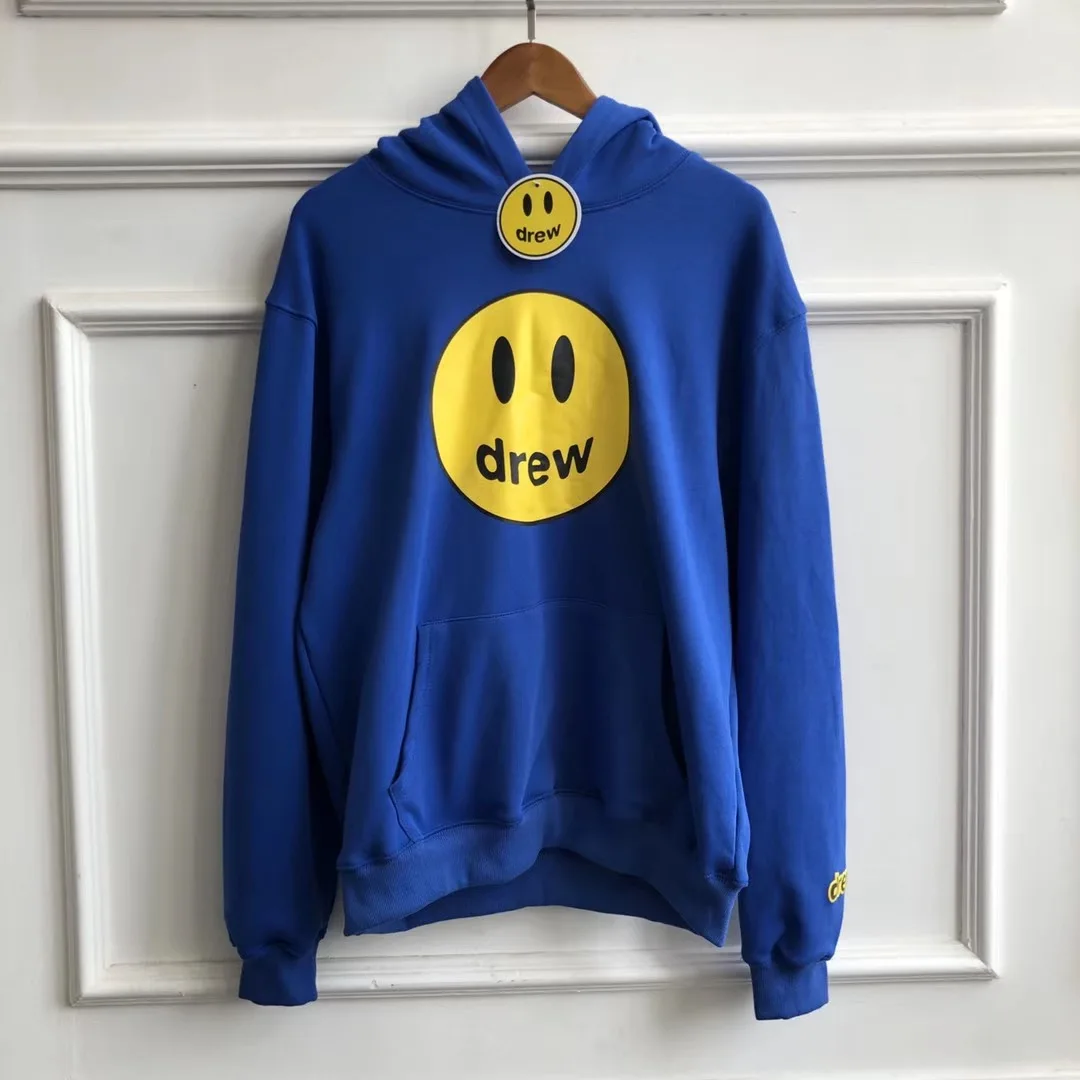 19FW Drew House New Color Blue Hoodies Men Women Couples Drew Smile Face Printed Justin Bieber Hoody Sweatshirts Men