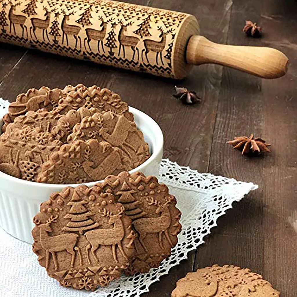 Wooden Handle Rolling Pin Embossing Christmas Engraved Carved Wood Tree Baking Cookies Biscuit Dough Rolling Pin Kitchen Tool#45