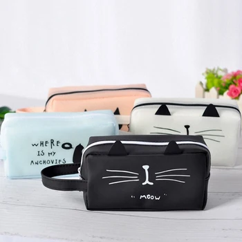 

Silicone Square Cartoon Cat Pencil Bag Large Capacity Zipper Pencil Case Kitten Pattern Pencil Box Pen Pouch Students Stationery