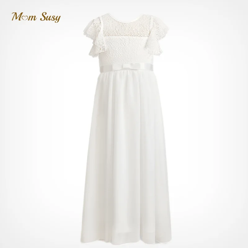 Girl Princess Vintage Lace Dress Long Child Gauze Floral Vestido Bow White Ivory Birthday Party Wedding Baby Clothes 4-13Y