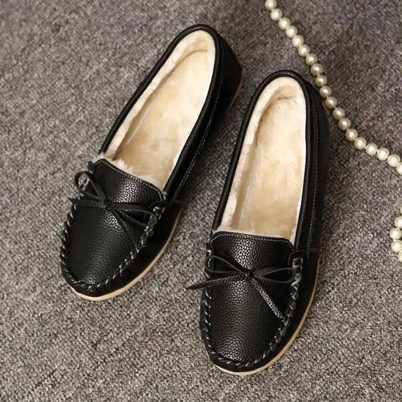 Dwayne Autumn Winter Plus Velvet Leather Flats Non-slip Casual Nurse White Shoes Women's Flat Shoes Female Loafers