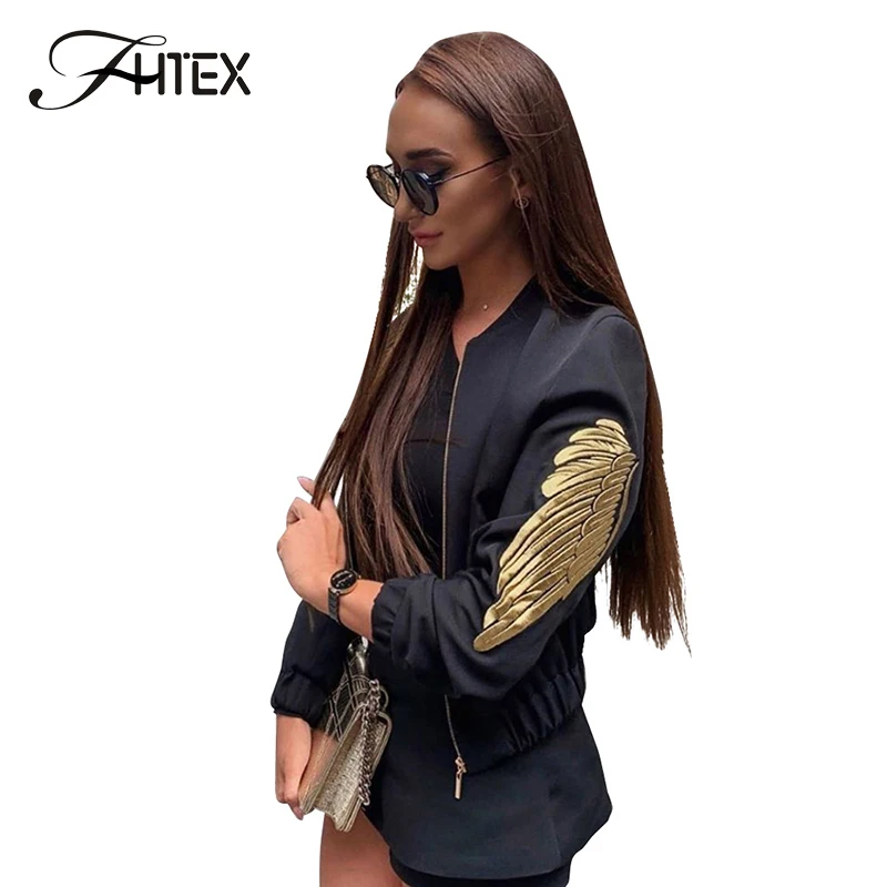 

Wing Print Autumn Winter Jacket Coats Women Baseball Jacket Zipper Casual Loose Outwear Modern Lady Bomber Jacket