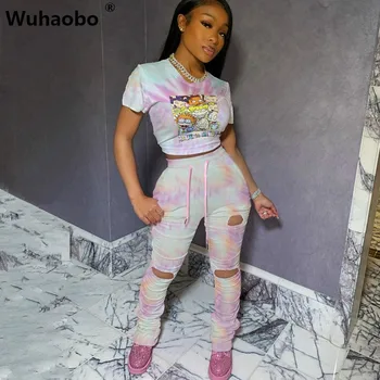 

Wuhaobo Women Sets Summer Tracksuits Fitness Tie-dye Print Tops+Pants Suit Two Piece Set Sexy Street Outfits 2 Pcs Female Outfit