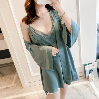 

Spring Women Silk Lace Nightgown Set / High-end Lace Simulation Ribbon Chest Pad Removable Sling Nightdress Robe Sets