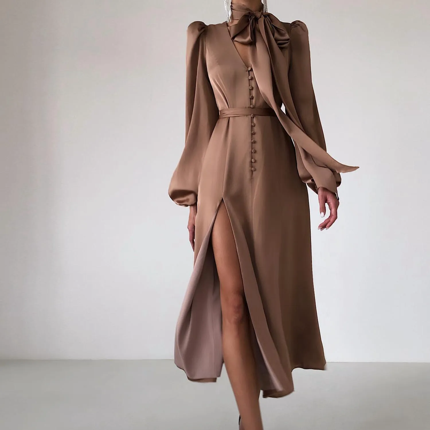 V neck Long Sleeve Fashion Dress High Side Slit Formal Dress With