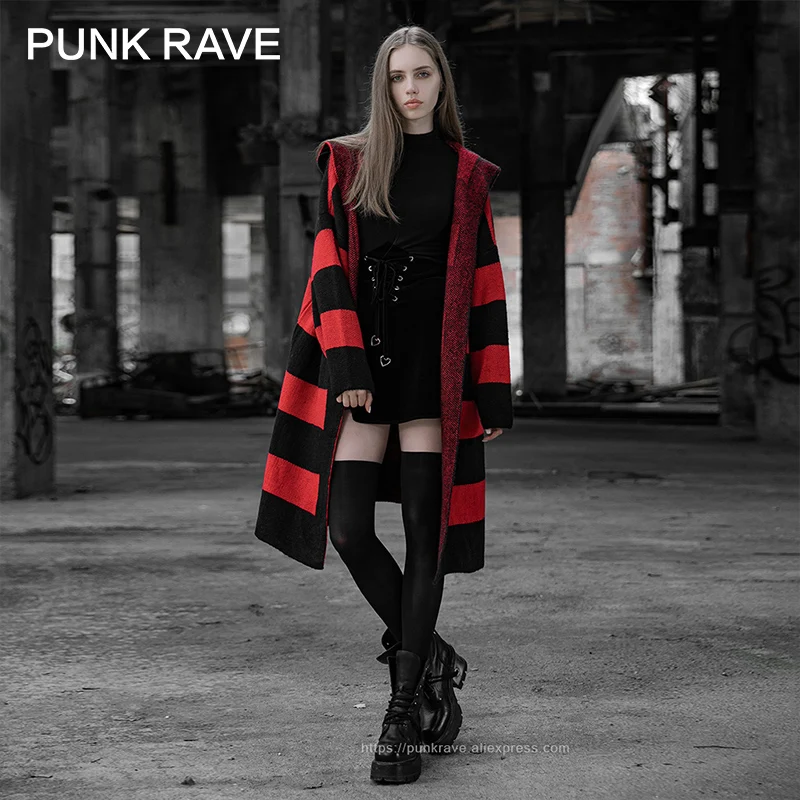 Панк рейв женские панк пушистые сердце вышитые Повседневные свитера с капюшоном Осень Зима держать тепло девушка черный длинный свитер - Цвет: OPM-116KMF BK-RD