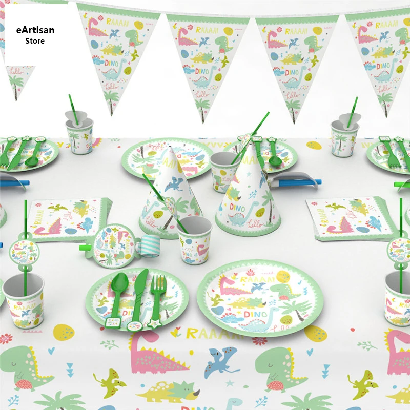 

1 Set Dinosaur Theme Party Tableware Birthday Party Decoration Kids Adult Paper Plate Cups Tablecloth Straw Party Supplies