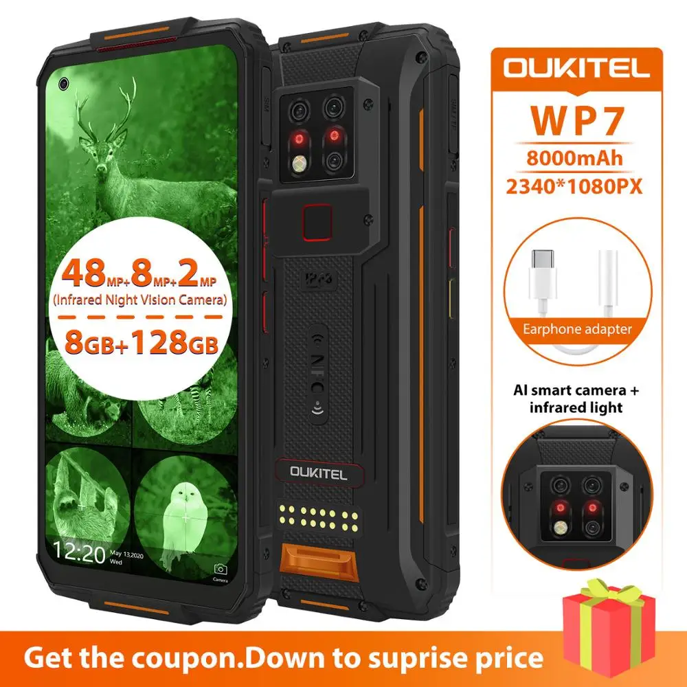 

OUKITEL WP7 Ip68 Rugged Waterproof Smartphone 8GB 128GB Mobile Phone 9V/2A 8000mAh 48MP Triple Camera Infrared Night Vision