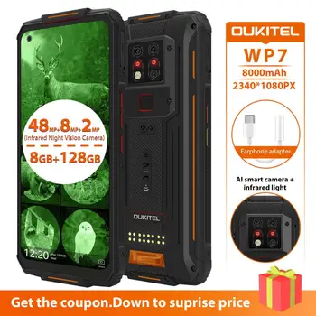 Перейти на Алиэкспресс и купить Водонепроницаемый Смартфон OUKITEL WP7, 8 ГБ + 128 ГБ, мобильный телефон, 9 В/2 А, 8000 мАч, тройная камера 48 МП, инфракрасное ночное видение