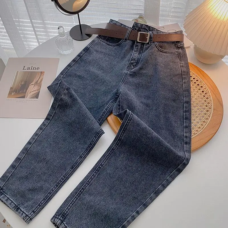 levis jeans ZHISILAO Straight Jeans Women with Belt Vintage Basic Blue Ankle-length Denim Pants Plus Size Boyfriend Gray Jeans Korean 2021 chrome hearts jeans Jeans