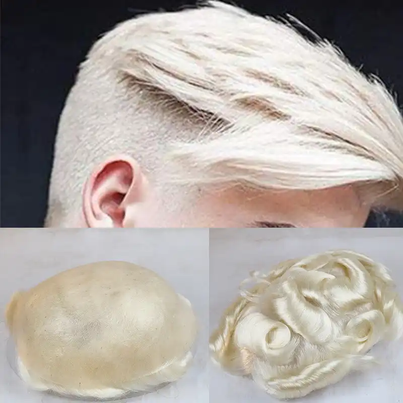 100 Remy Human Hair Toupee 30mm Wave Platinum Blonde Color