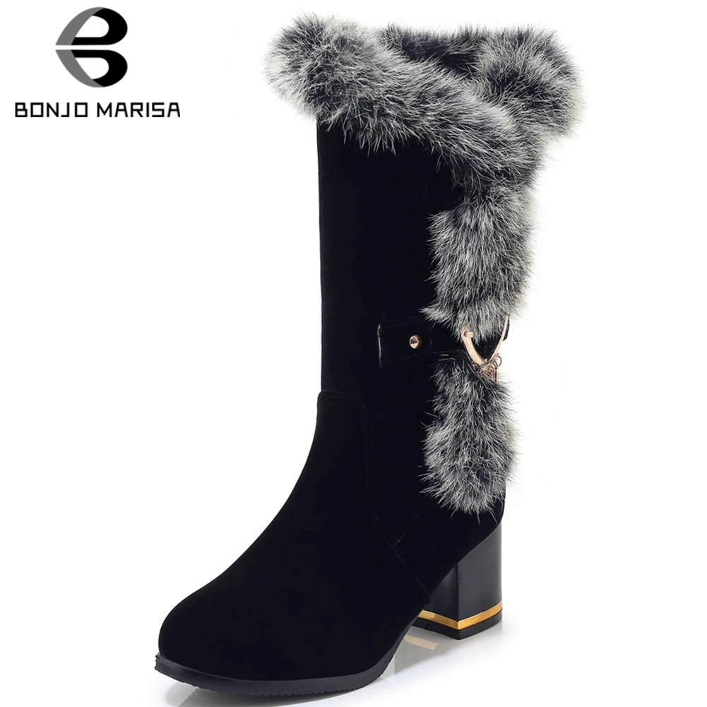 BONJOMARISA Plus Size 33-46 New Women Snow Boots Ladies High Heels Metal Decoration Shoes Woman Winter Warm Fur Mid Calf Boots