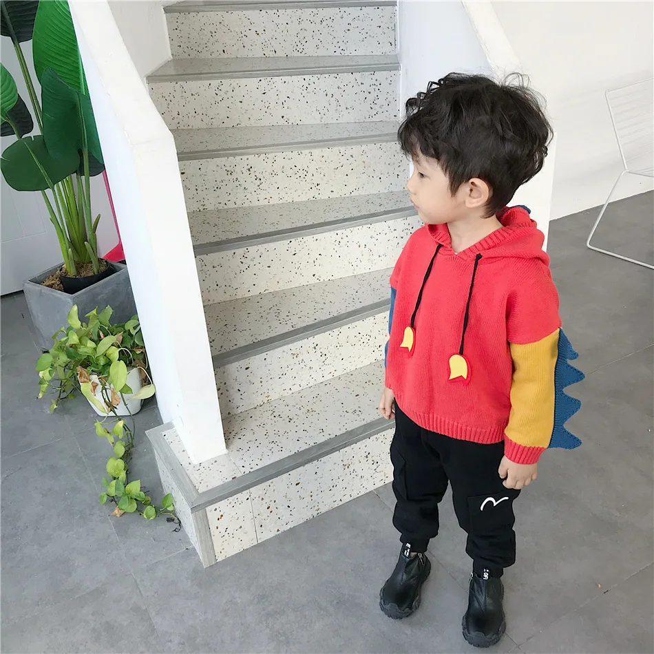 Tonytaobaby/новая зимняя детская одежда для мальчиков и девочек милый цветной пуловер с капюшоном и рисунком динозавра для мальчиков и девочек, свитер