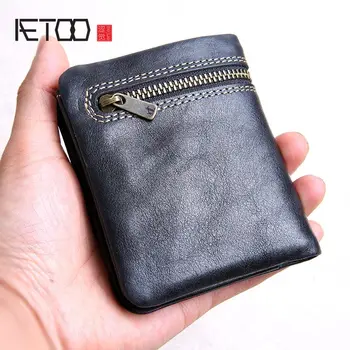 AETOO Mini purse men and women handmade leather ultra-thin soft leather wallet first layer leather wallet short zipper buckle 1