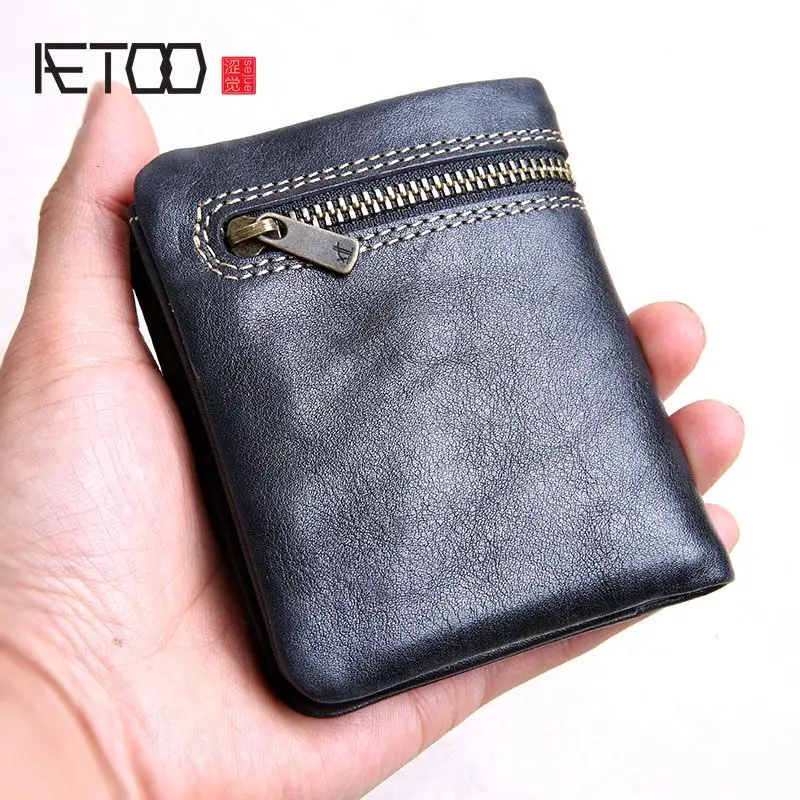 

AETOO Mini purse men and women handmade leather ultra-thin soft leather wallet first layer leather wallet short zipper buckle